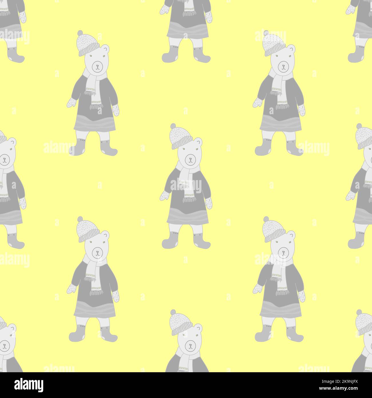 Vector seamless pattern in grey and yellow colors with funny bear dressed in coat, scarf and cap. Cartoon style. Stock Vector