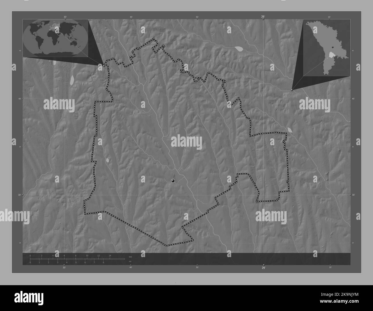 Cimislia, district of Moldova. Bilevel elevation map with lakes and