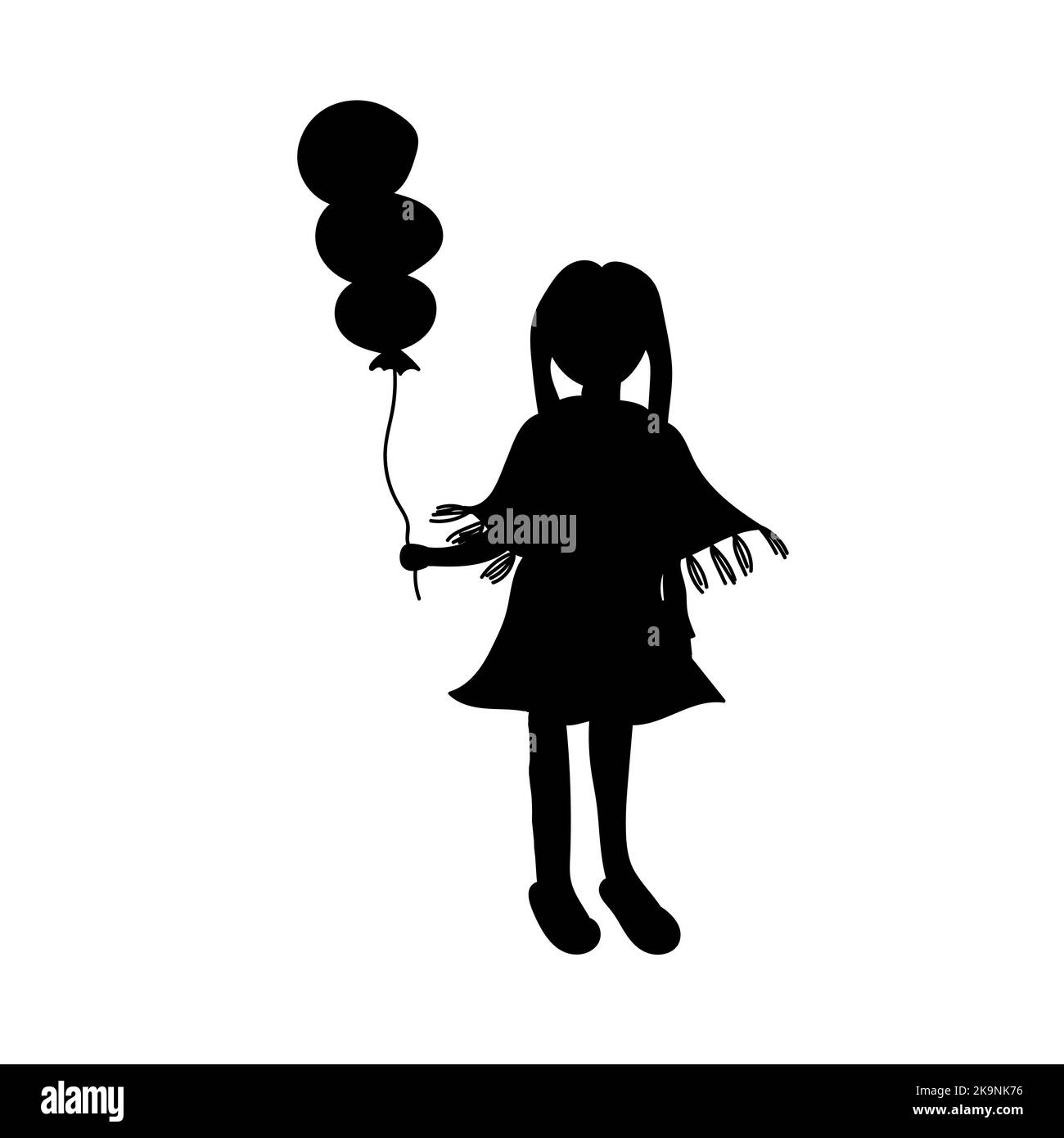 Funny illustration in cartoon style. Black silhouette of cute little girl with balloon Stock