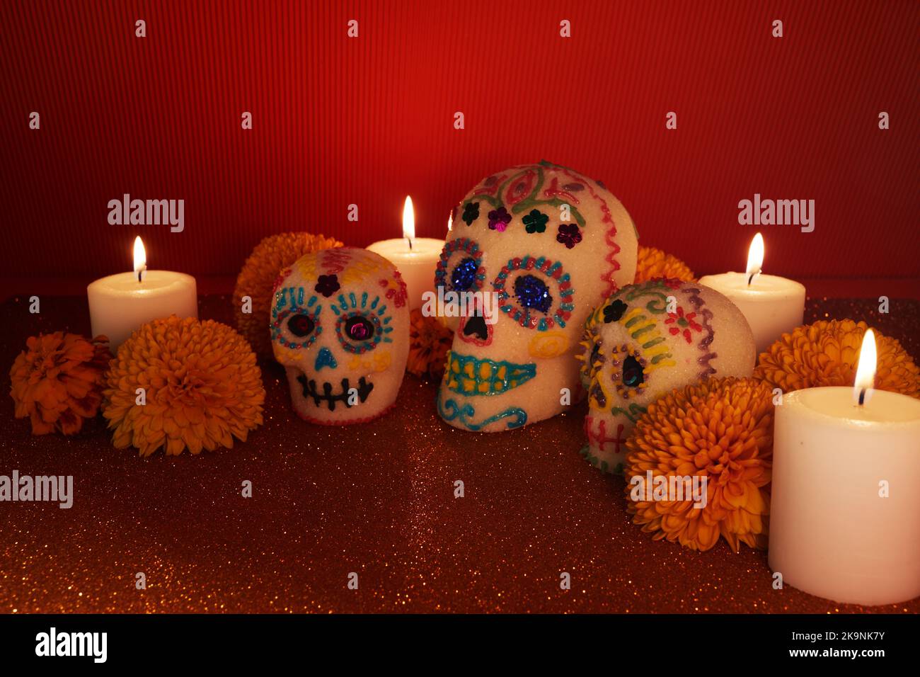Dia de los muertos - Day of the dead Sugar skull with candles, and ...