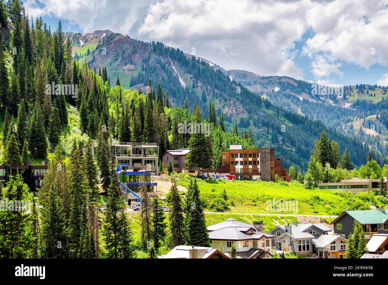 Alta at Albion Basin, Utah cityscape small ski resort town village in summer near Little Cottonwood Canyon by hotel lodge and houses Stock Photo