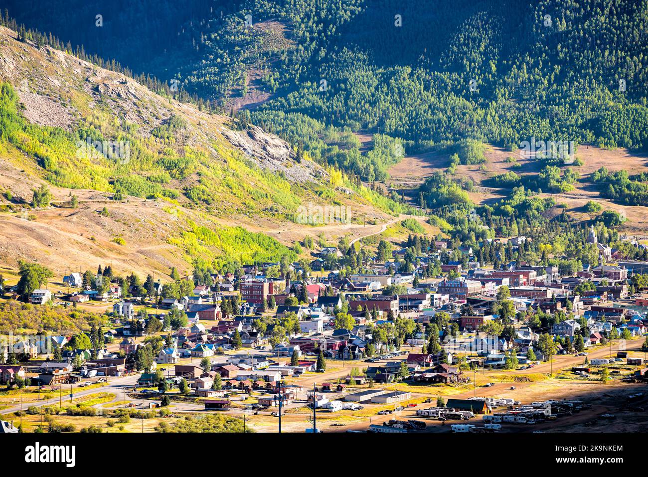 High angle aerial view of Silverton, Colorado small mining town from overlook at summer sunset with San Juan mountains Stock Photo