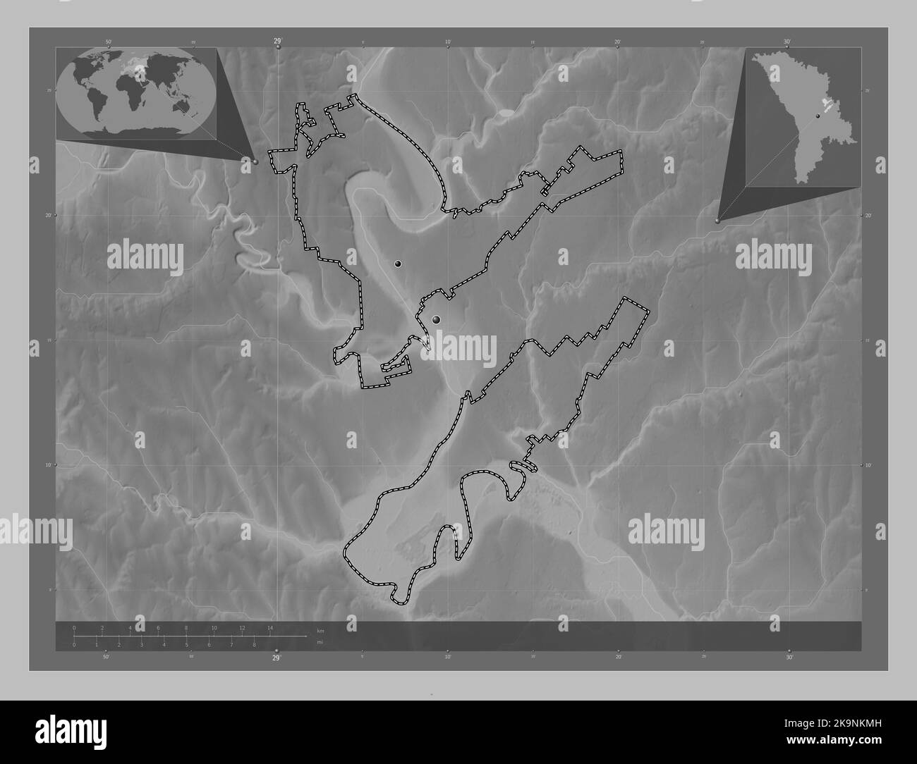 Dubasari, district of Moldova. Grayscale elevation map with lakes and rivers. Locations of major cities of the region. Corner auxiliary location maps Stock Photo