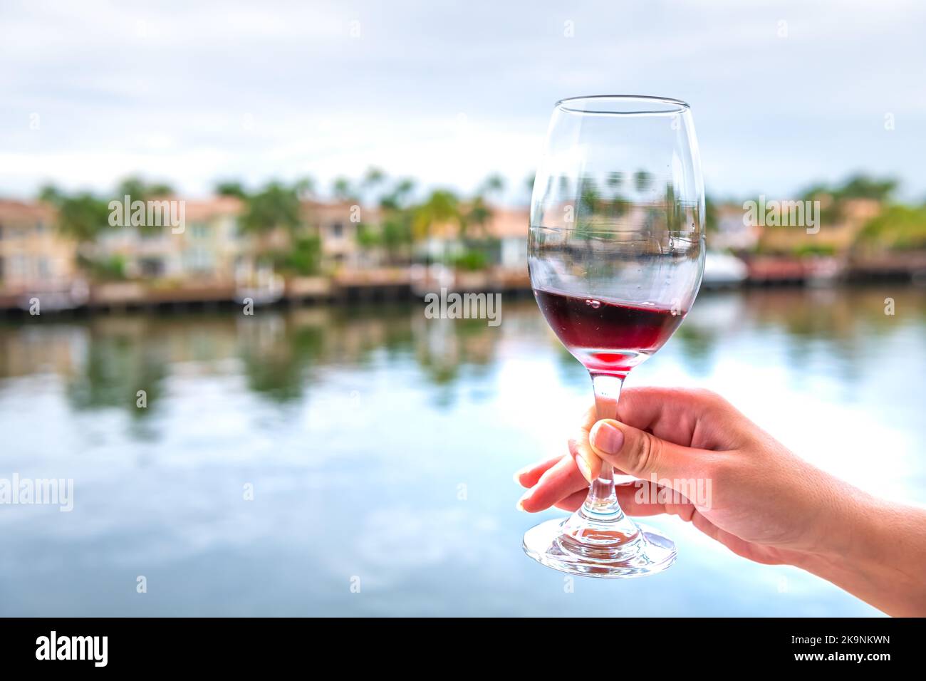 Woman person hand holding, toasting with wineglass glass of French red ...