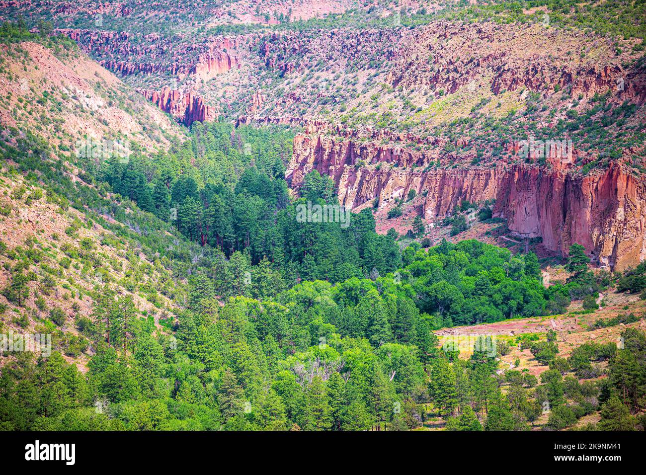 View of canyon overlook vista in Bandelier National Monument in New Mexico in Los Alamos at summer with Jemez mountains rock formations Stock Photo