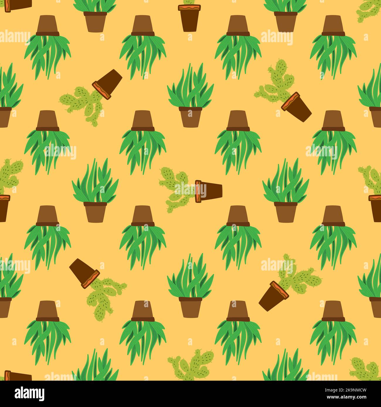 Seamless pattern with the green cactus houseplants in floral pots ...