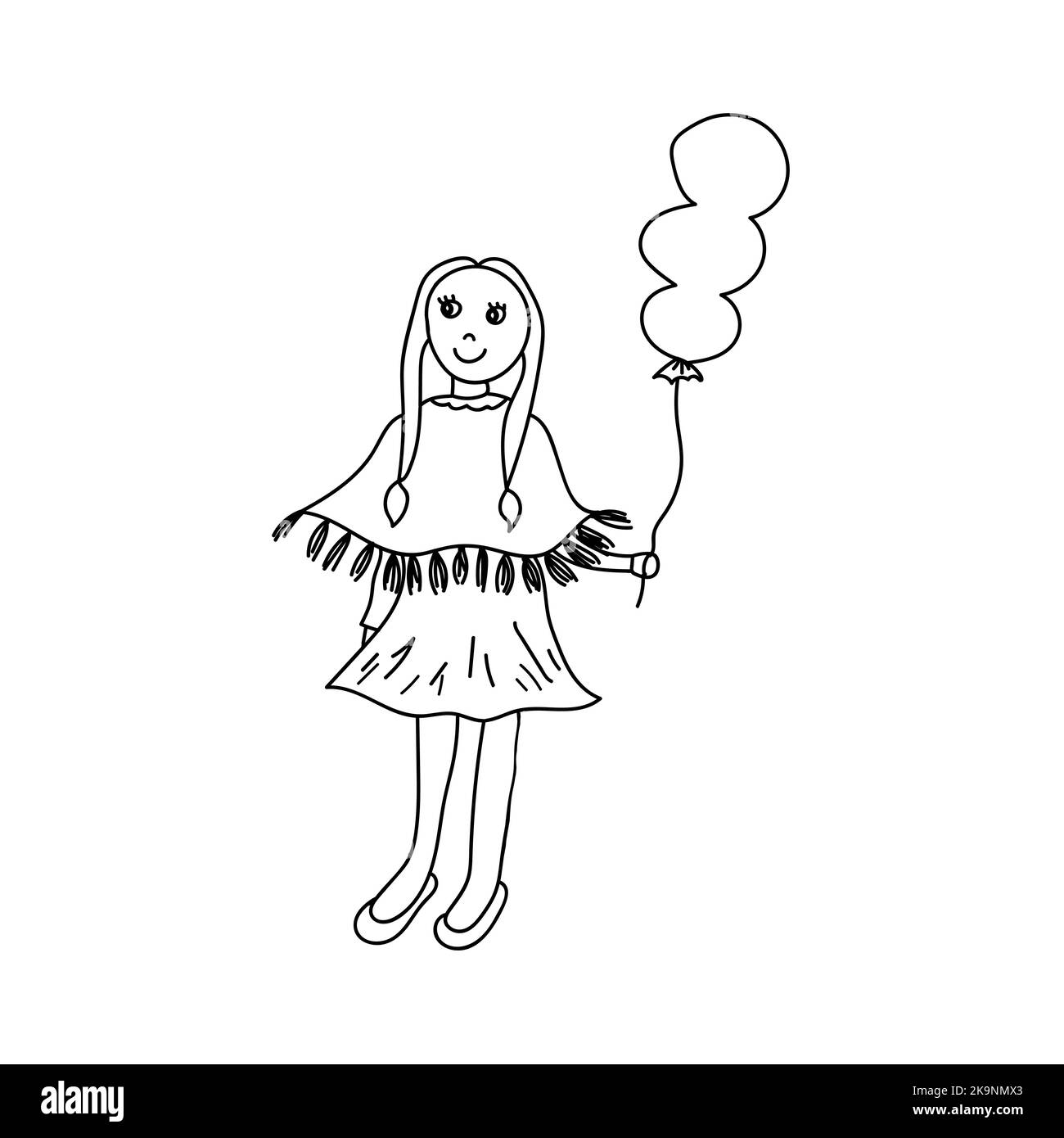 Funny Illustration In Cartoon Style Cute Little Girl With Balloon Funny Illustration In Cartoon Style Cute Little Girl With Balloon