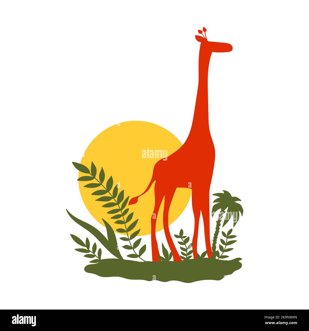 Funny vector illustration of giraffe silhouette with sun and exotic