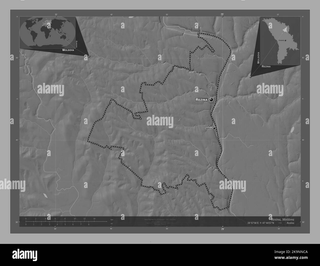 Rezina, district of Moldova. Bilevel elevation map with lakes and rivers. Locations and names of major cities of the region. Corner auxiliary location Stock Photo