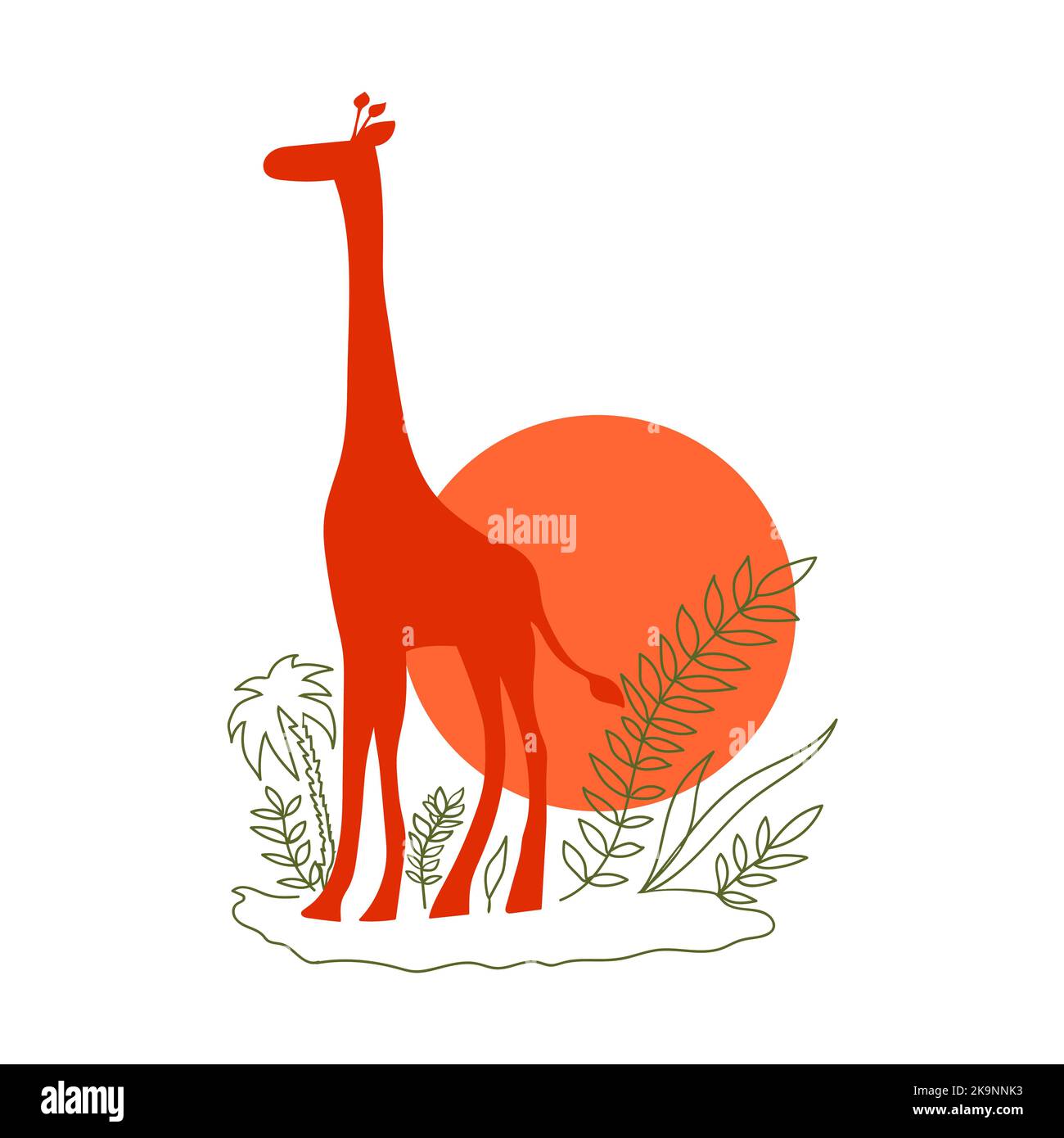 Funny vector illustration of giraffe silhouette with sun and exotic