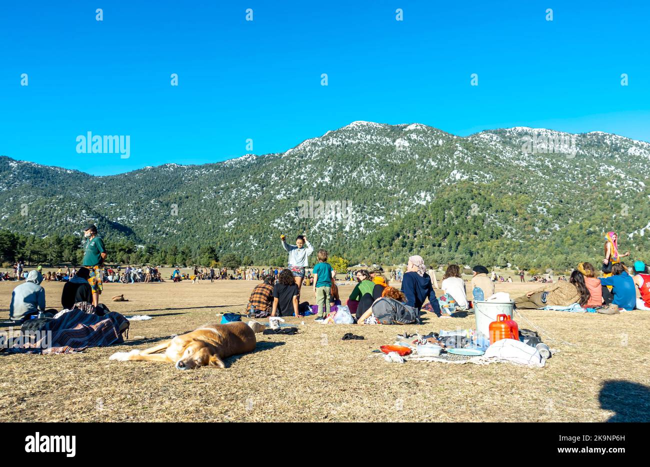 Rainbow world gathering 2022. Antalya, Turkey. Visitors from across the world gather together in circles for rituals. Stock Photo