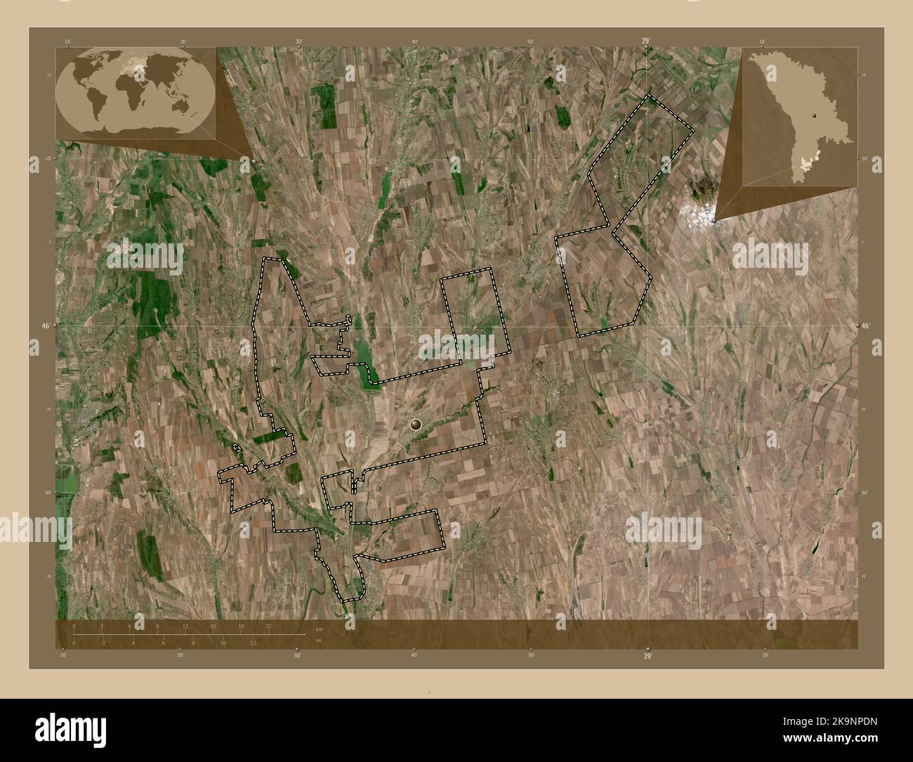 Taraclia, district of Moldova. Low resolution satellite map. Corner