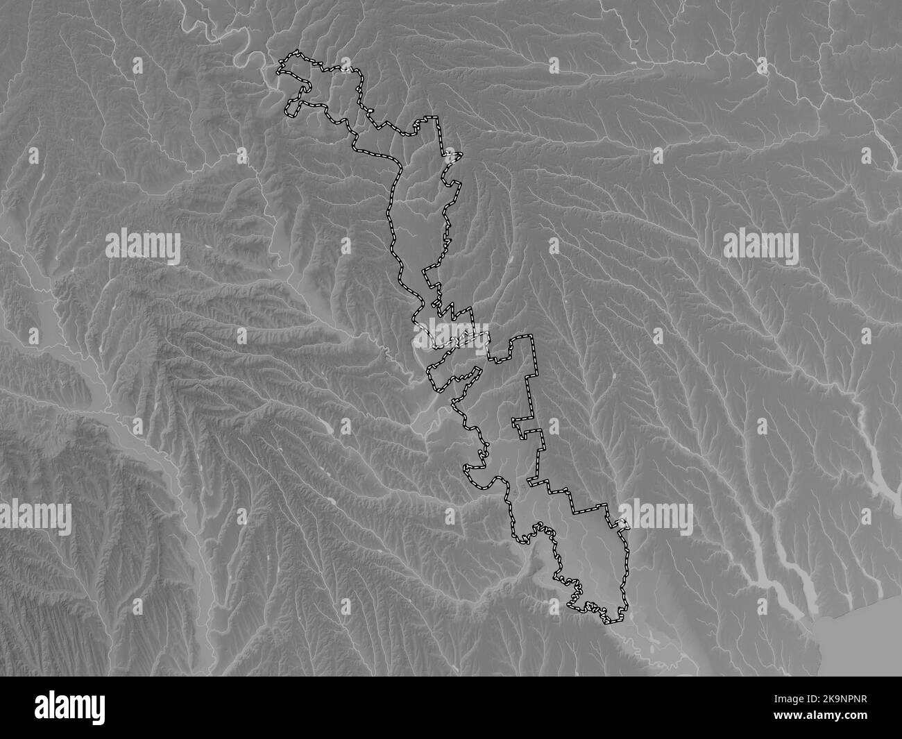 Transnistria, territorial unit of Moldova. Grayscale elevation map with lakes and rivers Stock Photo