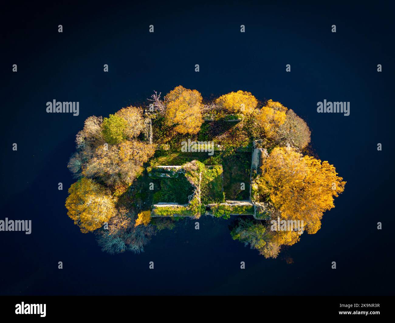 Aerial view of late autumn colours at ruined castle on island on Loch