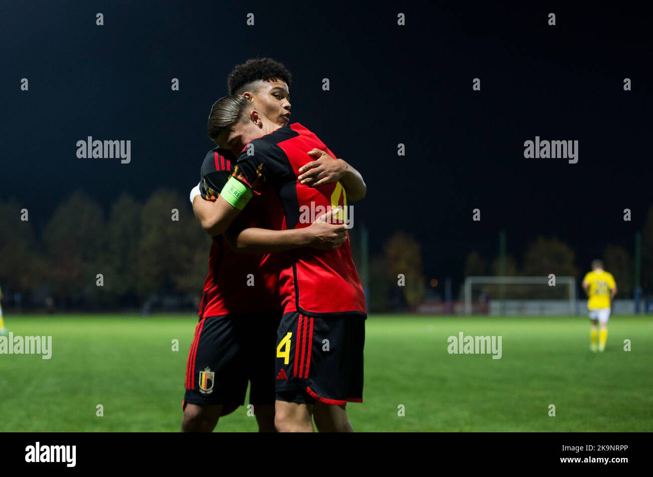 Belgium's Ethan Butera, Belgium's Nolhan Courtens   a soccer game between Romania U17 and Belgium U17, Saturday 29 October 2022 in Buftea, Romania, match 2/3 in the qualifications for the 2023 European Championships. BELGA PHOTO NIKOLA KRSTIC Stock Photo