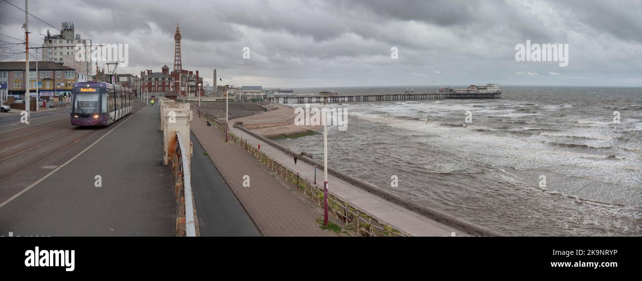 passing Blackpool Pleasant Street with Blackpool tower and north pier