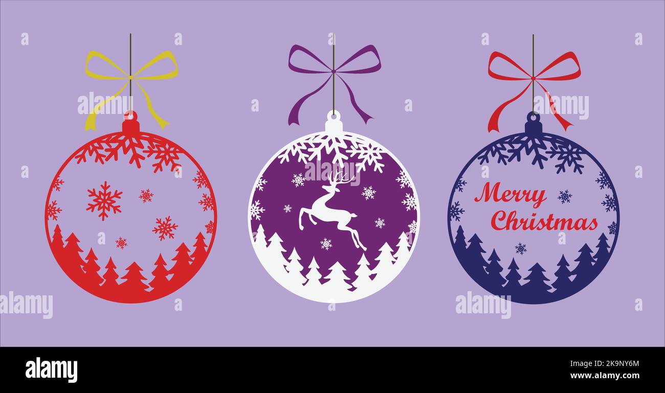 Set of Christmas balls with snowflakes, reindeer, fir trees and MERRY CHRISTMAS greetings. EPS10 vector illustrations. Stock Vector