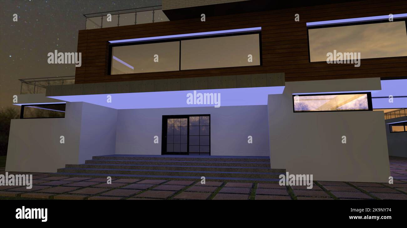 Illumination of the front entrance to a modern country house with white ...