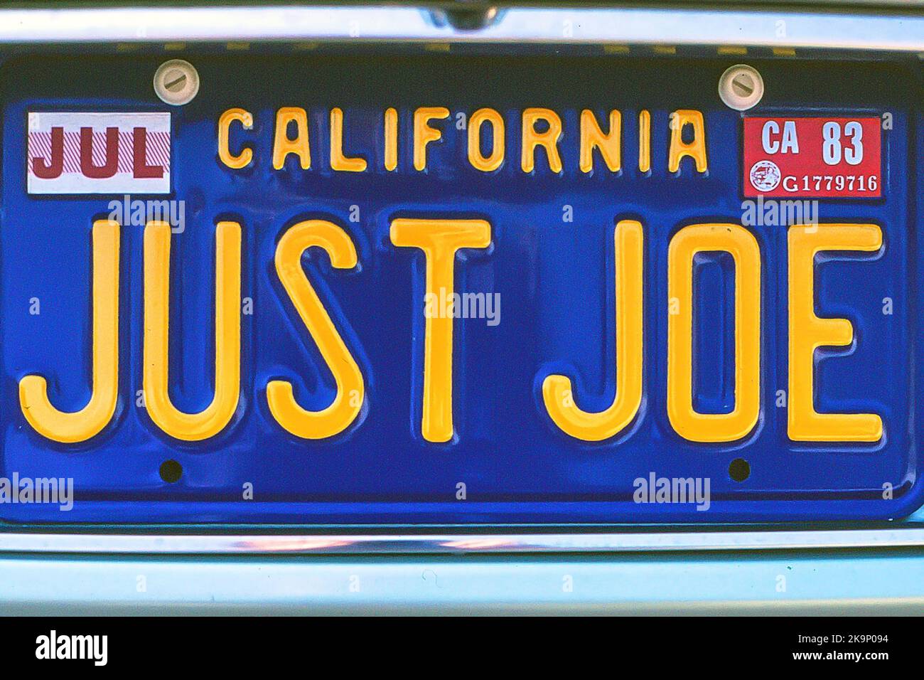 Vanity license plate reading JUST JOE in San Francisco, California. Stock Photo