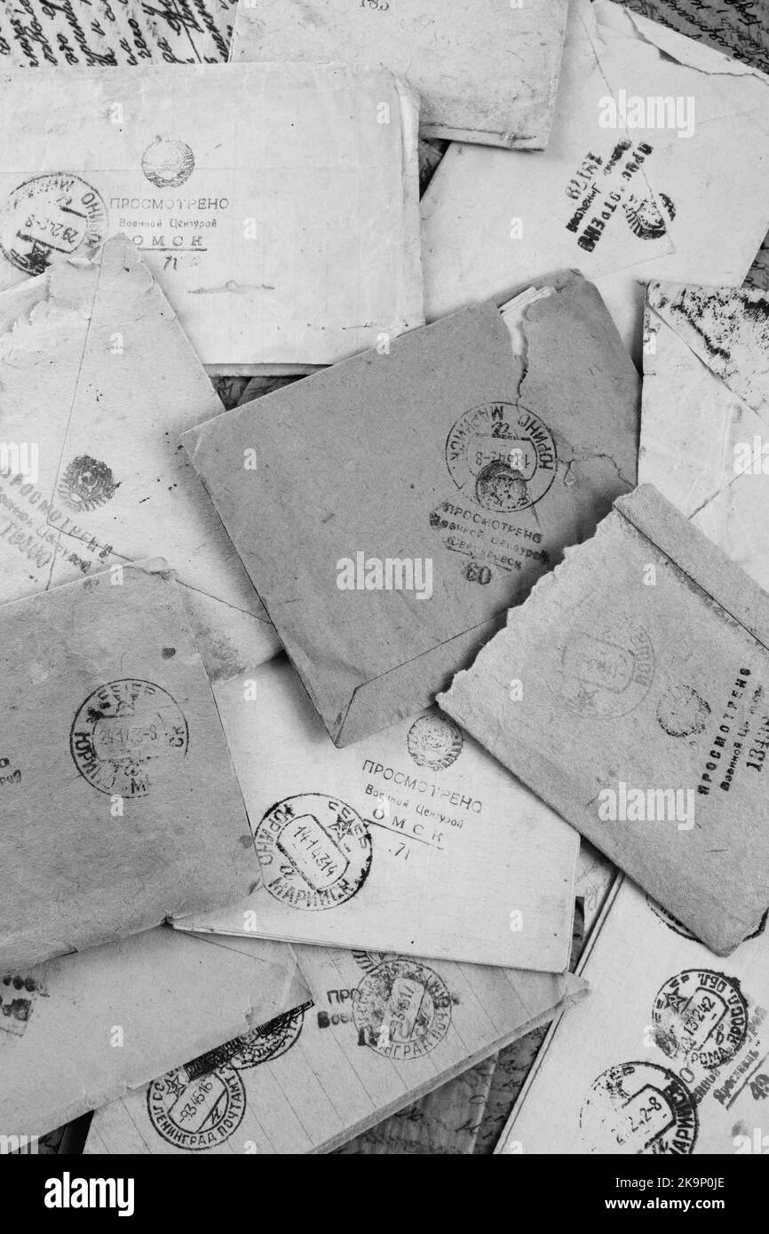 Postal letters in time of  World War  2, 1941-1945, USSR, black and white Stock Photo