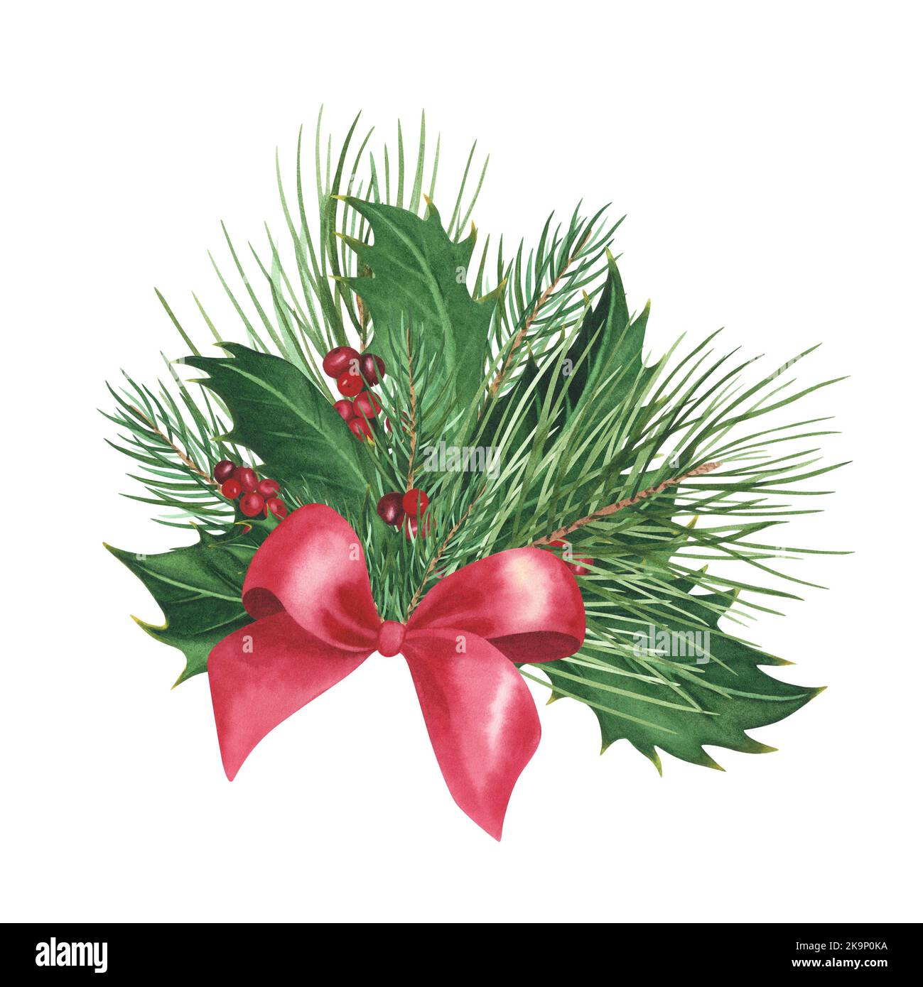 Christmas tree, holly, pine branch with red silk ribbon bow isolated on ...