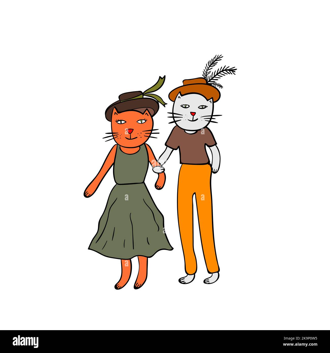 Funny colorful illustration of two cats in cartoon style Stock Vector