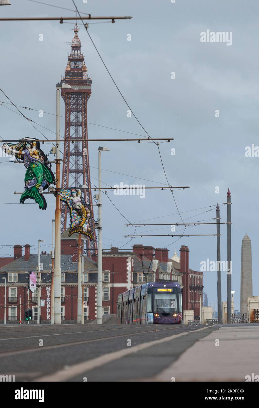 Passing Blackpool Pleasant Street with Blackpool tower in view, is