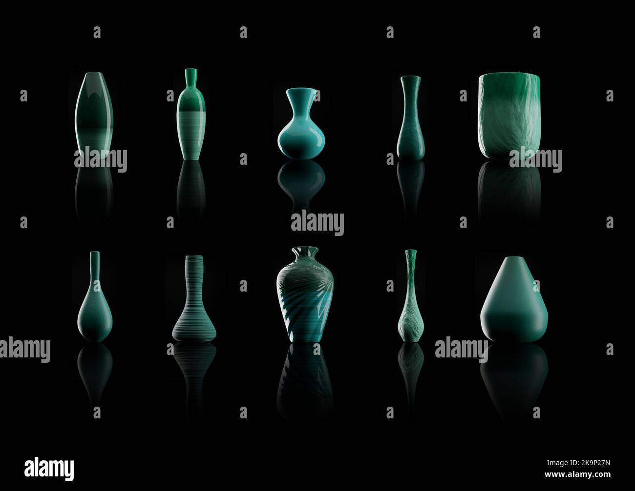 Ten different flower vases in turquoise teal color - 3D illustration Render Stock Photo