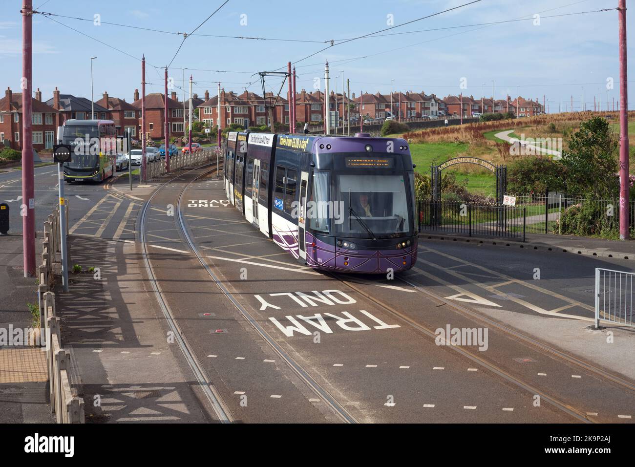 Queens Promenade, Bispham Blackpool and Fleetwood Bombardier flexity tram 015 crossing the road