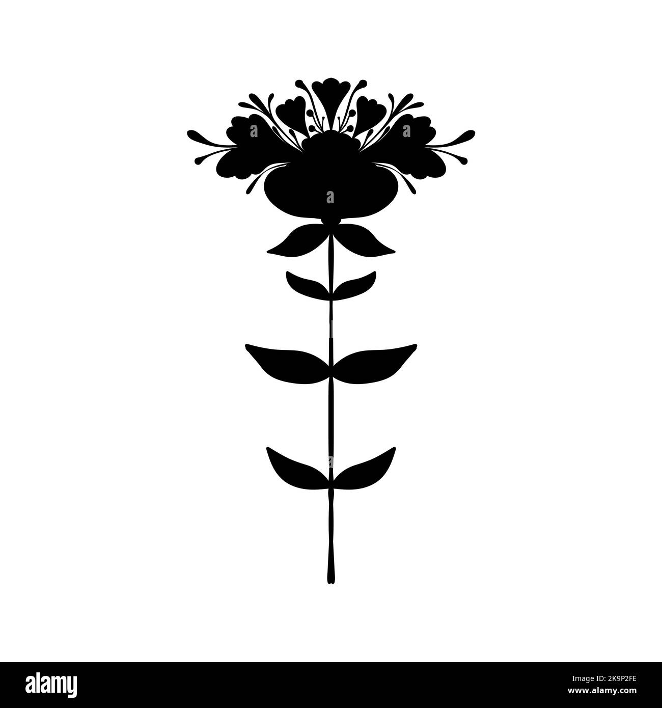 Symmetrical flower in ethnic style. Black silhouette. Summer, spting decorative floral element for cards, poster, scrapbook, textile design Stock Vector