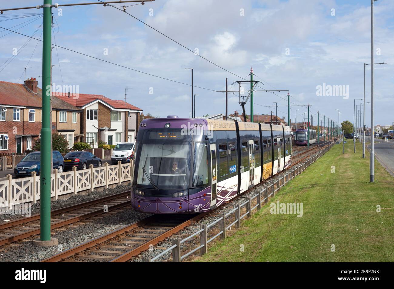 Lindel road, Fleetwood UK. Bombardier flexity tram 013 passing Stock