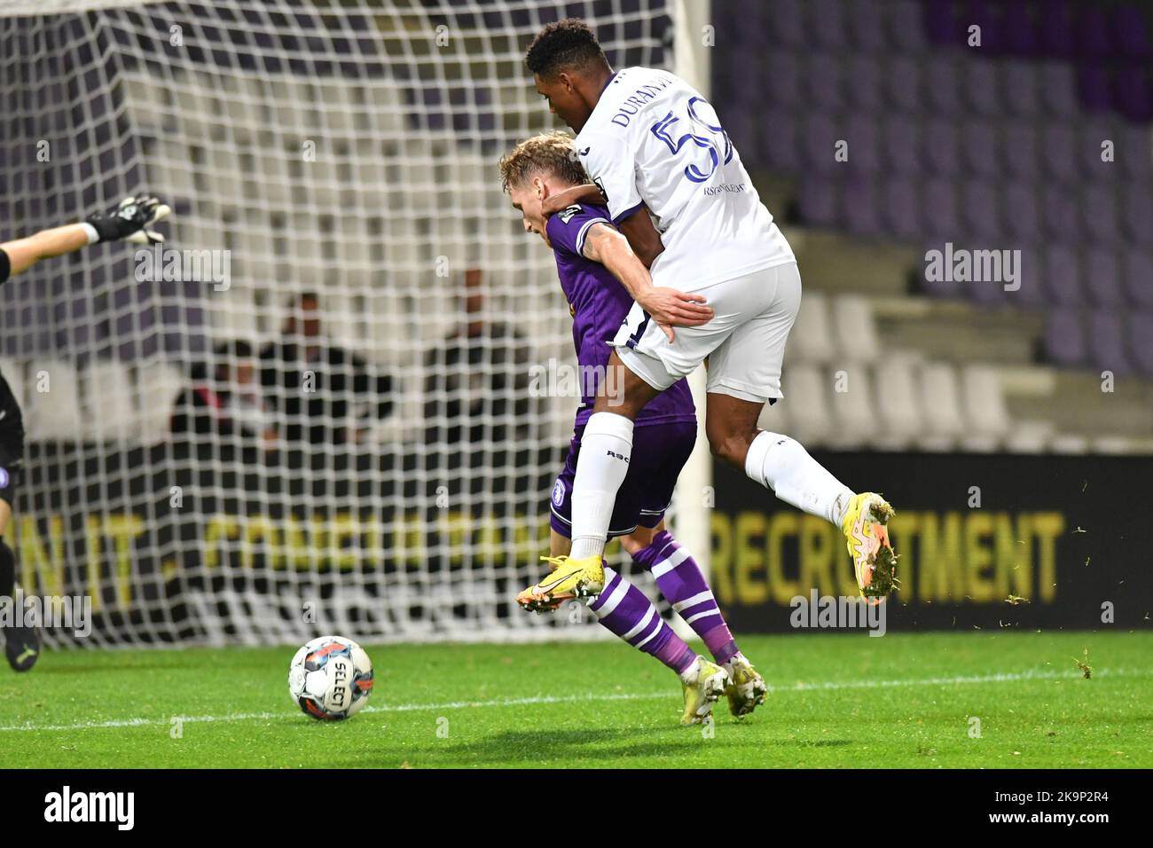 Beerschot's Leo Seydoux and RSCA Futures' Duranville pictured in action during a soccer match between K. Beerschot V.A. and RSCA Futures, Saturday 29 October 2022 in Antwerp, on day 11 of the 2022-2023 'Challenger Pro League' first division of the Belgian championship. BELGA PHOTO JILL DELSAUX Credit: Belga News Agency/Alamy Live News Stock Photo