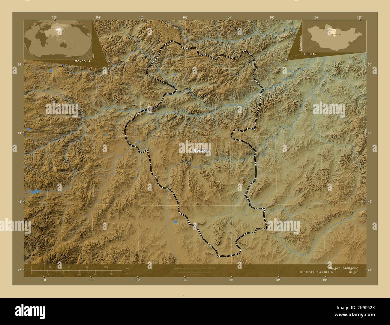 Bulgan, province of Mongolia. Colored elevation map with lakes and ...