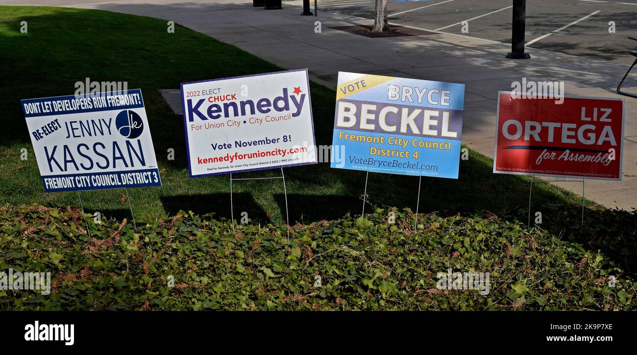 campaign signs in front of Democratic Party headquarters, Ohlone Area in Fremont, California Stock Photo