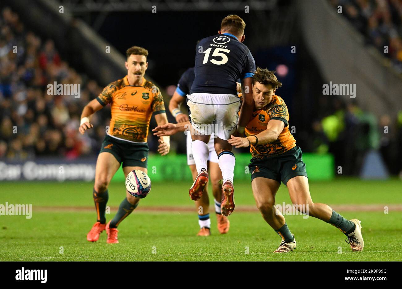Edinburgh, UK. 29th October 2022.  Ollie Smith of Scotland and Jock Campbell of Australia  during the Autumn Nation Series match at Murrayfield Stadium, Edinburgh. Picture credit should read: Neil Hanna / Sportimage Credit: Sportimage/Alamy Live News Stock Photo