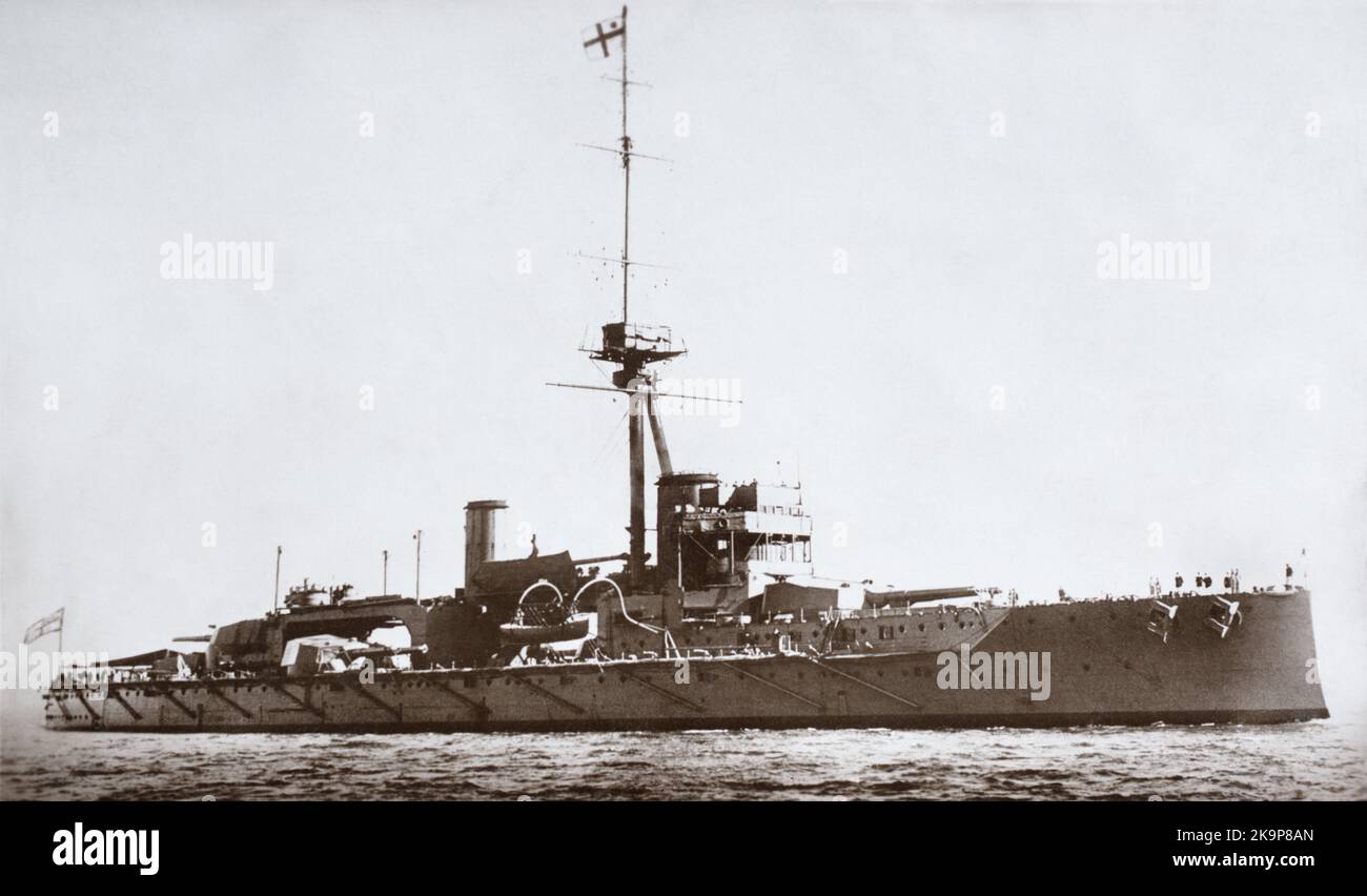 The First World War era battleship HMS Hercules. Lunched in 1910 and commissioned in 1911, it served in the Royal Navy until it was scrapped in 1921. Stock Photo