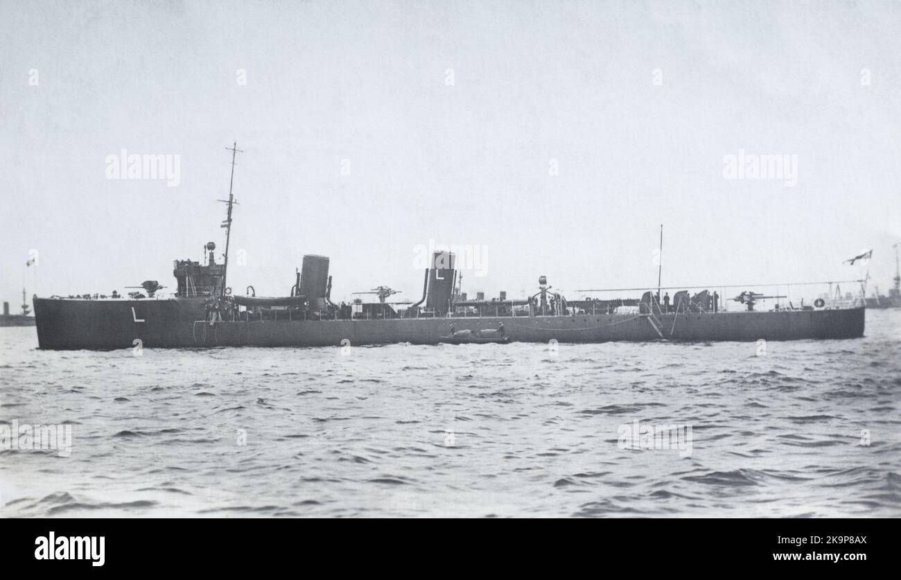 The First World War era destroyer HMS Laurel. Lunched in 1913, it served in the Royal Navy until it was scrapped in 1921. Stock Photo