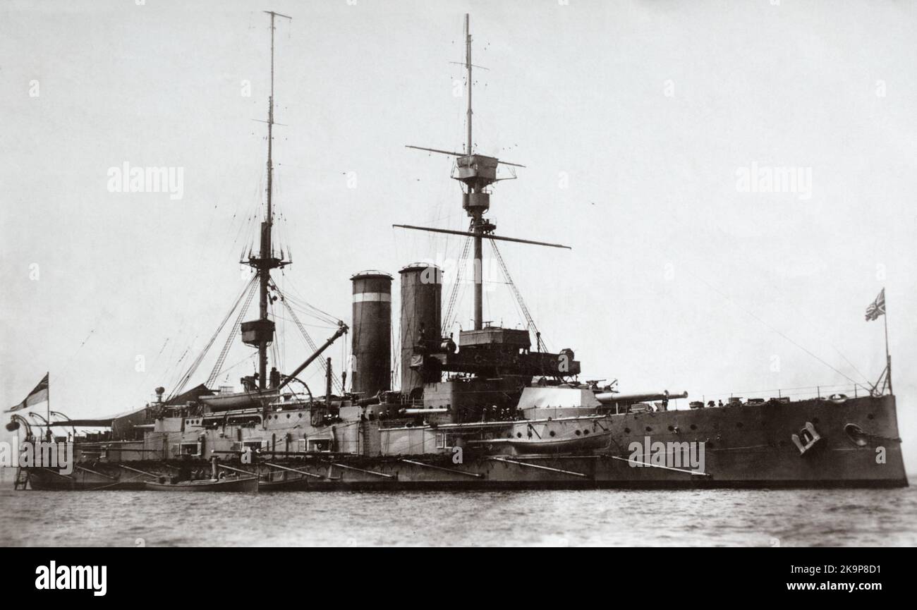 The First World War era battleship HMS Britannia. Completed in 1906 and sunk by a German submarine on 9th November 1918. Stock Photo