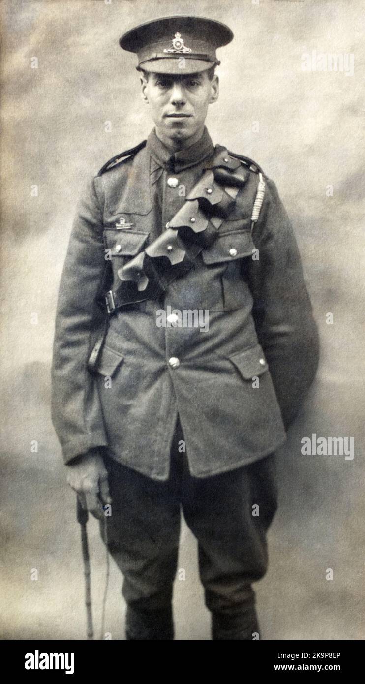 A First World War era picture of a British soldier named John Balcomb, a Gunner in the Royal Artillery, wearing a Territorial Force Imperial Service Badge. Stock Photo