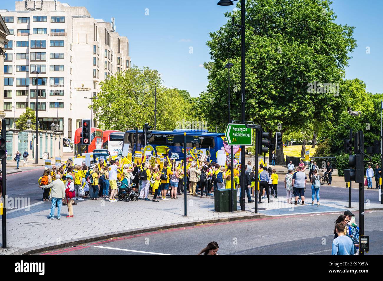 London, United Kingdom - June 22, 2018: People holding signs at Cystic Fibrosis protest in UK England to make Orkambi medicine drug free Stock Photo