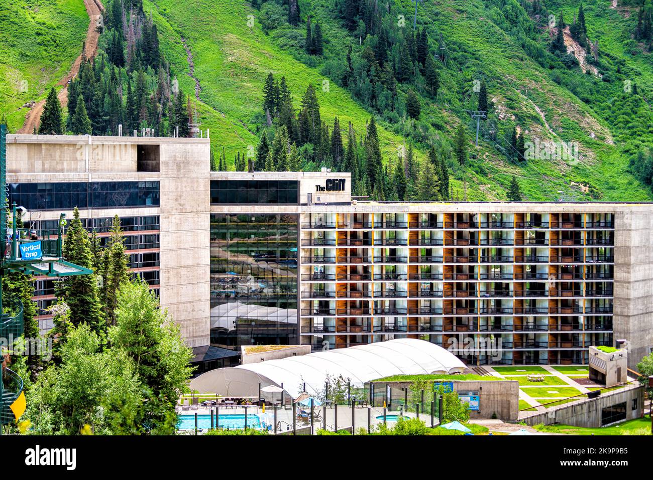 Alta, USA - July 25, 2019: Albion Basin, Utah cityscape small ski resort town village in summer and Little Cottonwood Canyon by hotel lodge the Cliff Stock Photo