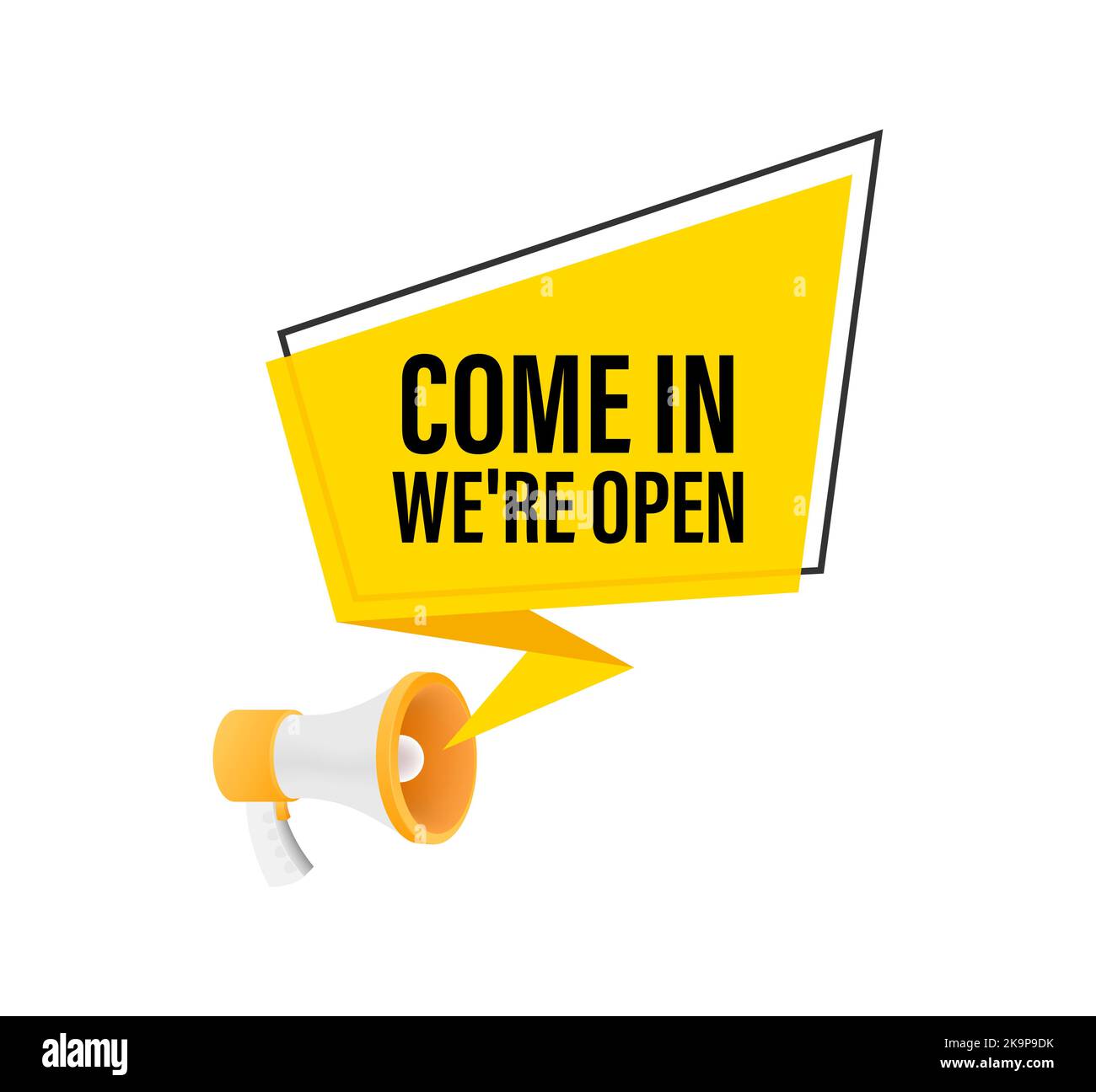 Hand Holding Megaphone with come in we are open. Megaphone banner. 