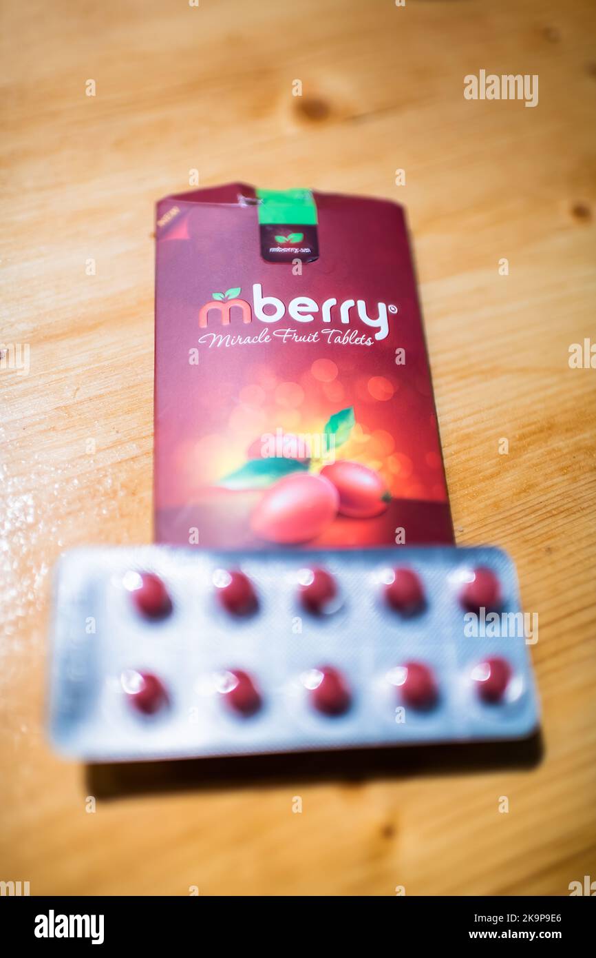 Durango, USA - September 2, 2019: Closeup of mberry miracle berry ledidi Synsepalum dulcificum berry brand tablet that turns sour food to sweet Stock Photo