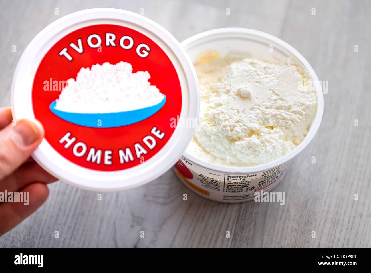 Hollywood, USA - July 16, 2021: Macro closeup of Russian style cottage farmer's cheese tvorog product with sign label by Four Seasons Dairy Brand Stock Photo
