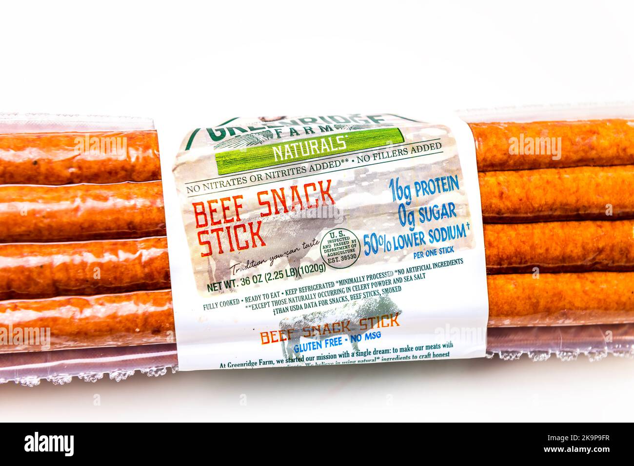 Naples, USA - October 21, 2021: Macro closeup of beef sticks sausage snack by Greenridge Farms brand bought at Costco with no nitrates Stock Photo