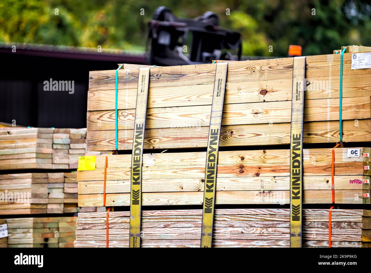 Culpeper, USA - October 7, 2021: Lumber boards wooden plank studs on truck trailer transport for commercial industrial material supply in Virginia Stock Photo