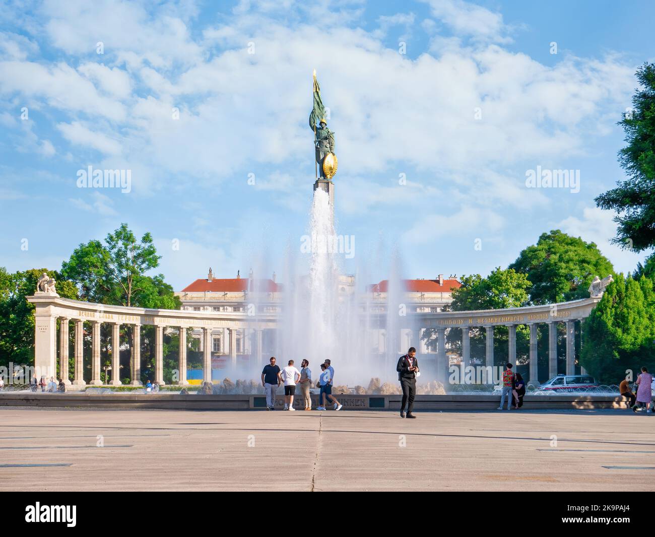 Vienna, Austria - June 2022: The Soviet War Memorial in Vienna (Denkmal zu Ehren der Soldaten der Sowjetarmee Hochstrahlbrunnen) constructed in 1945, Stock Photo