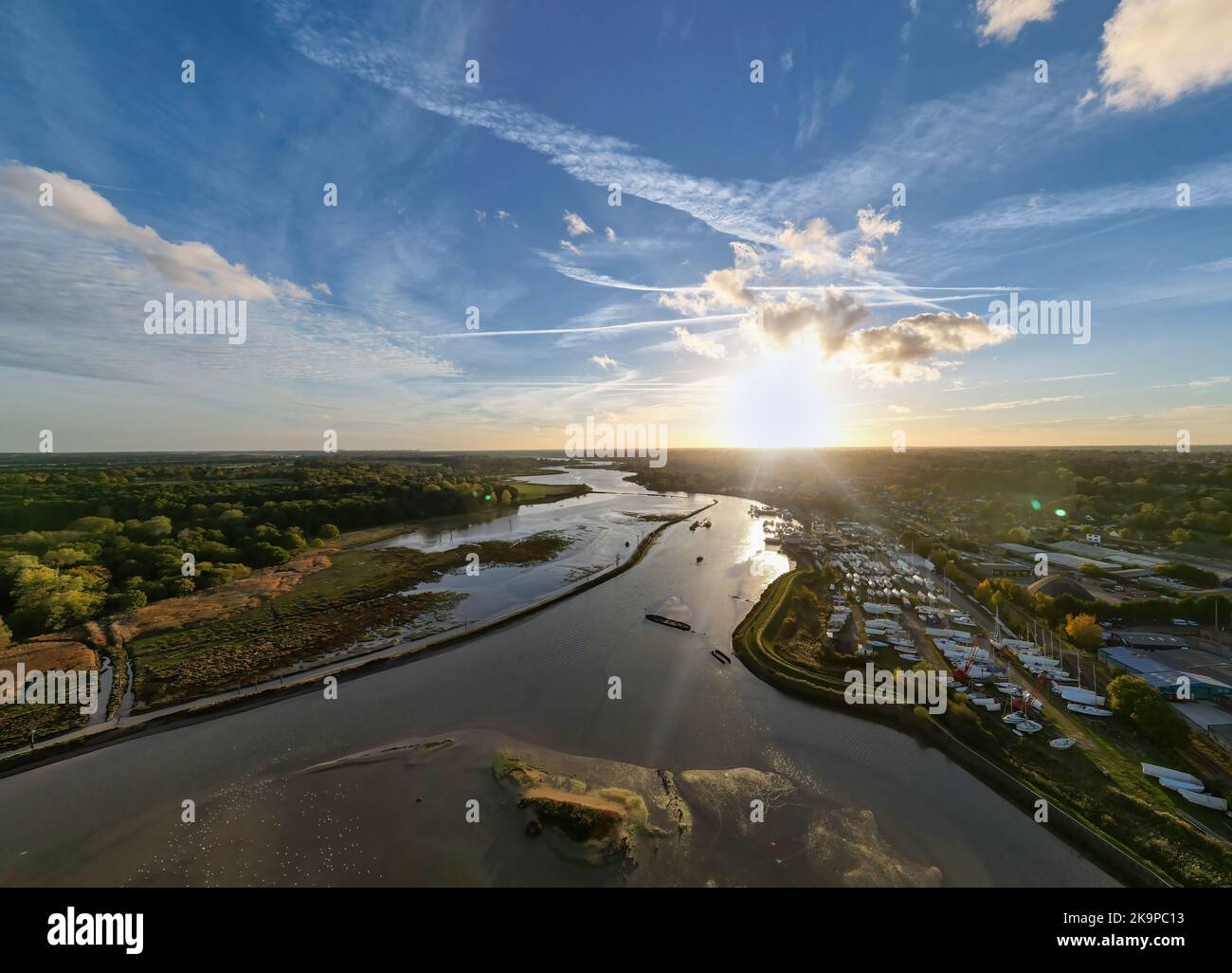 An aerial view at sunset over the River Deben at Melton in Suffolk, UK Stock Photo Alamy