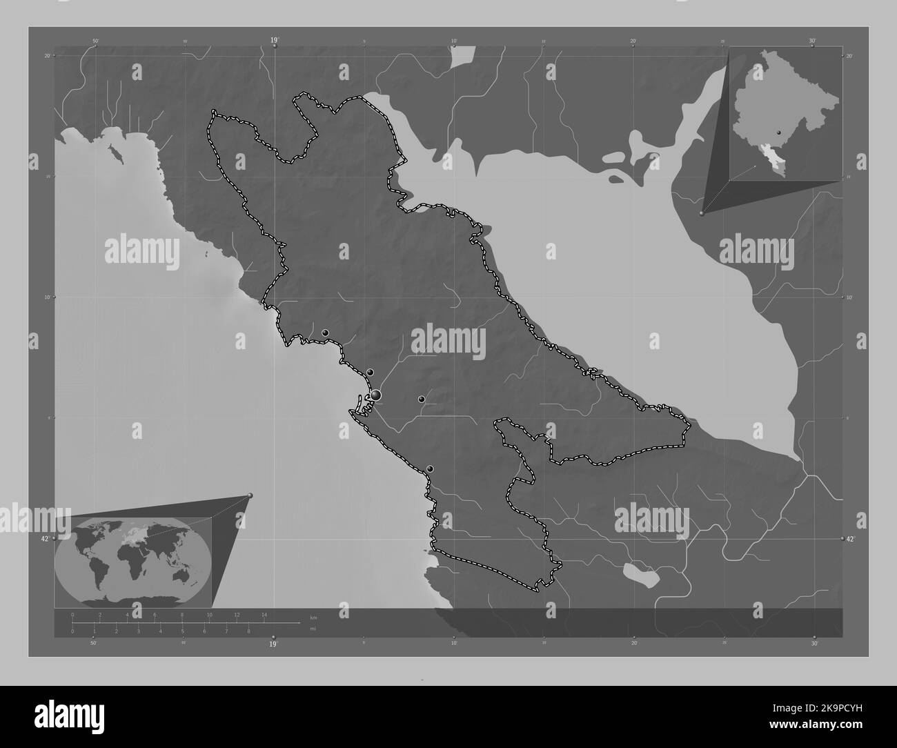 Bar, municipality of Montenegro. Grayscale elevation map with lakes and ...