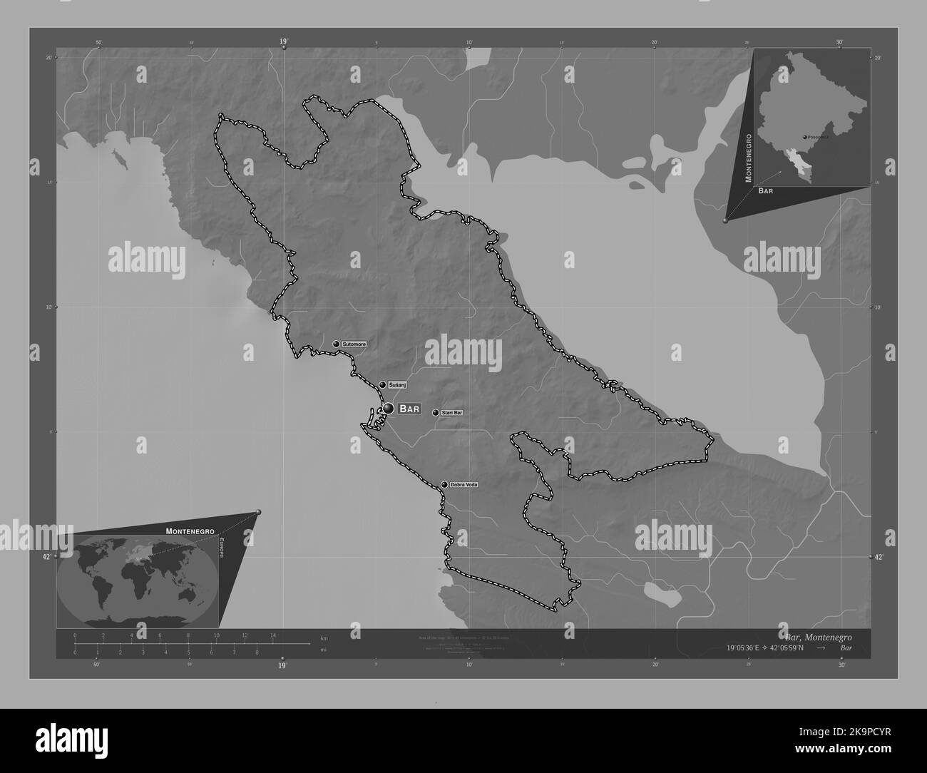 Bar Mapa Bar, municipality of Montenegro. Bilevel elevation map with lakes and ...